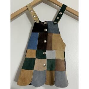 Vintage Newman Marcus Girls Leather Patchwork Pinafore Jumper Suede Dress 12-24M